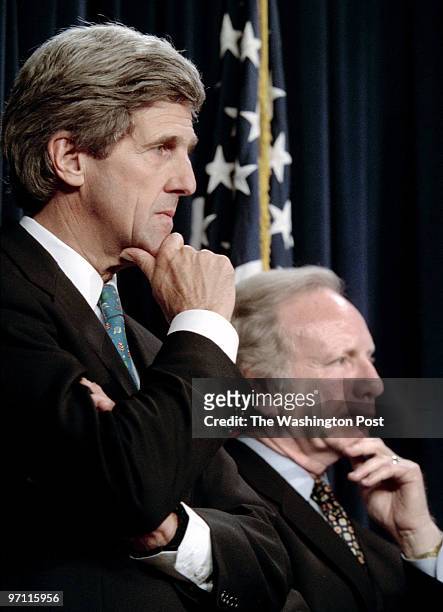Senate reaction to passage in the Senate of a 10-year, 1.35 trillion-dollar tax cut . Pictured, Sen. John Kerry, , , left, and Senator Joe Lieberman...