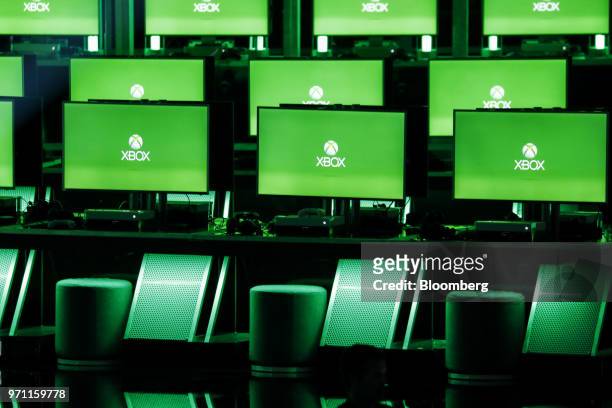 The Xbox logo is displayed on monitors during the Microsoft Corp. Xbox event ahead of the E3 Electronic Entertainment Expo in Los Angeles,...