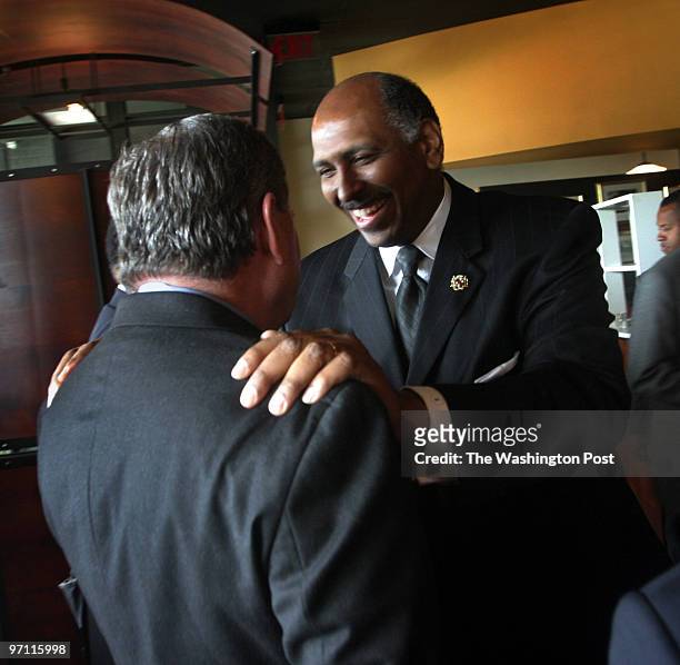 Lt. Gov. Michael Steele greets Bowie Mayor G. Frederick Robinson before speaking with other leaders of the Bowie, Md. Community at T.J. Elliott's...