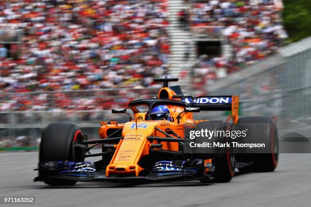 Fernando Alonso of Spain driving the McLaren F1 Team MCL33 Renault on track during the Canadian Formula One Grand Prix at Circuit Gilles Villeneuve...