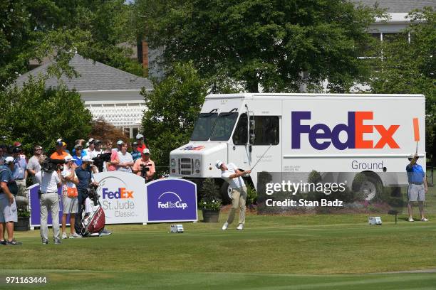 Andrew Putnam hits a tee shot on the 11th hole during the final round of the FedEx St. Jude Classic at TPC Southwind on June 10, 2018 in Memphis,...