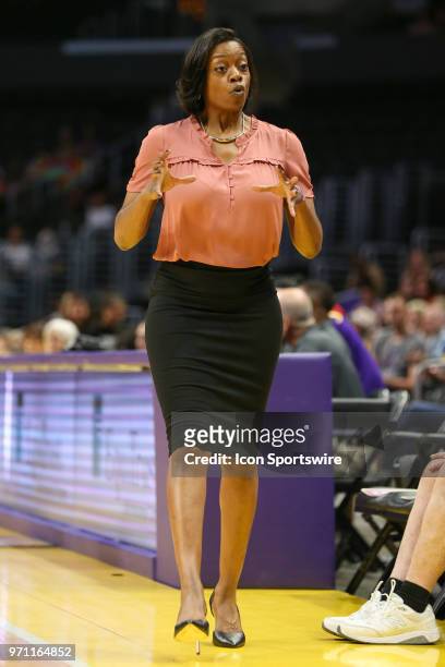 Head coach for the Chicago Sky Amber Stocks during a WNBA game between the Los Angeles Sparks and the Chicago Sky on June 10 at Staples Center, in...