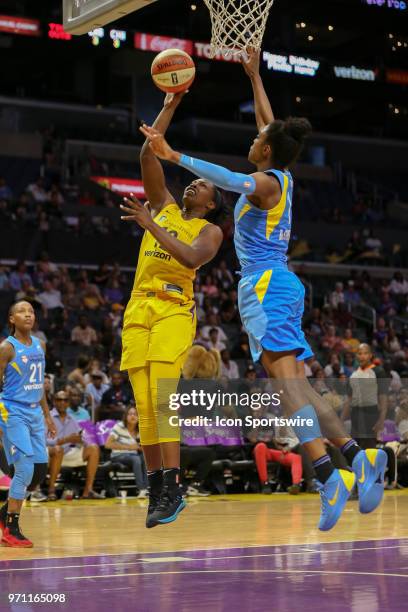 Los Angeles Sparks guard Chelsea Gray attempts tp lay up the ball during a WNBA game between the Los Angeles Sparks and the Chicago Sky on June 10 at...