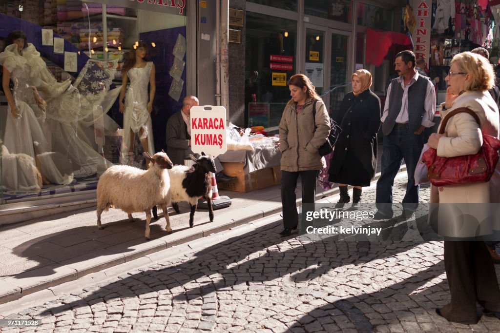 Pedestrians walking past shops in the street in Istanbul, Turkey