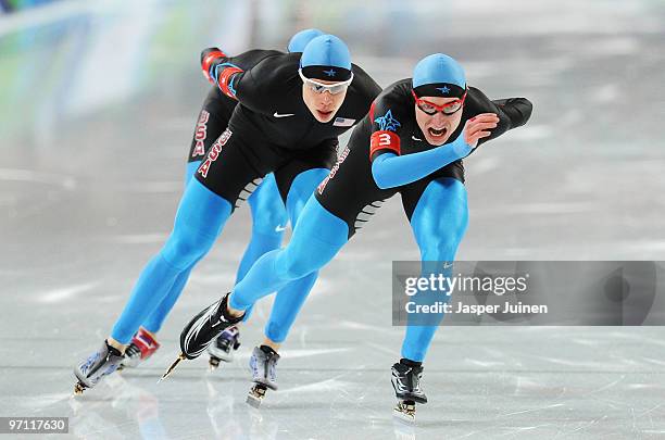 Chad Hedrick, Jonathan Kuck and Brian Hansen of team United States compete in the Men's Team Pursuit Speed Skating Semi-Finals on day 15 of the 2010...