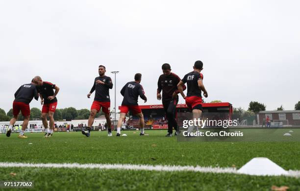 Northern Cyprus players warm up during the CONIFA World Football Cup 2018 Semifinal A match between Northern Cyprus and Padania at Carshalton on June...