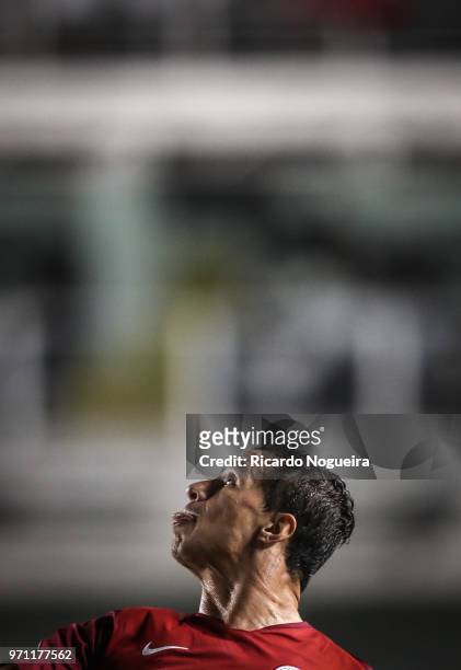 Leandro Damiao of Internacional during the match between Santos and Internacional as a part of Campeonato Brasileiro 2018 at Vila Belmiro Stadium on...