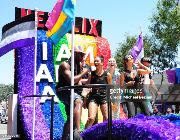Toby Onwumere, Freema Agyeman, Jamie Clayton, Tina Desai, and Miguel Angel Silvestre are seen on the Netflix original series "Sense8" float at the...