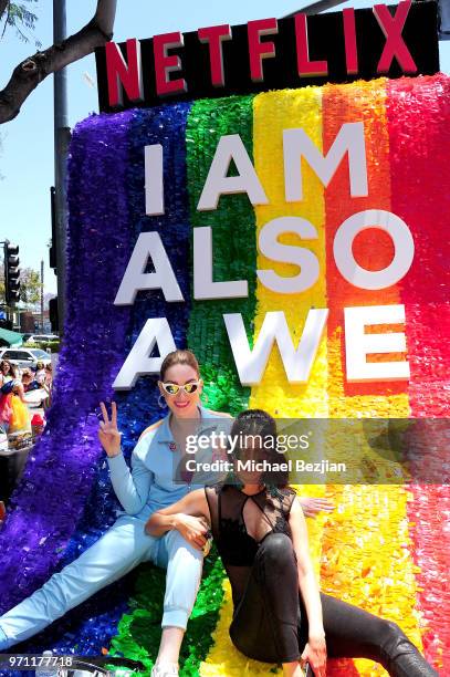 Jamie Clayton and Tina Desai are seen on the Netflix original series "Sense8" float at the Los Angeles Pride Parade on June 10, 2018 in West...