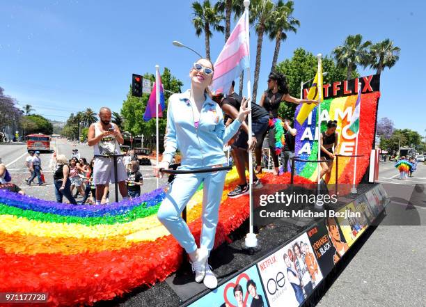 Jamie Clayton is seen on the Netflix original series "Sense8" float at the Los Angeles Pride Parade on June 10, 2018 in West Hollywood, California.