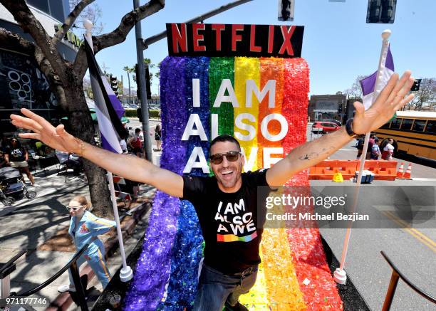 Miguel Angel Silvestre is seen on the Netflix original series "Sense8" float at the Los Angeles Pride Parade on June 10, 2018 in West Hollywood,...