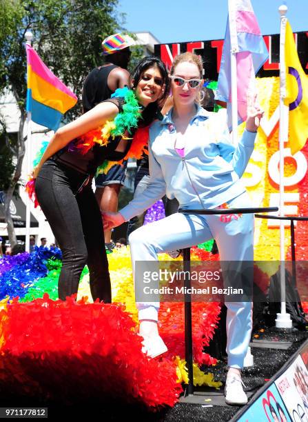 Tina Desai and Jamie Clayton are seen on the Netflix original series "Sense8" float at the Los Angeles Pride Parade on June 10, 2018 in West...