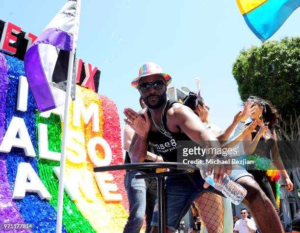 Toby Onwumere is seen on the Netflix original series "Sense8" float at the Los Angeles Pride Parade on June 10, 2018 in West Hollywood, California.