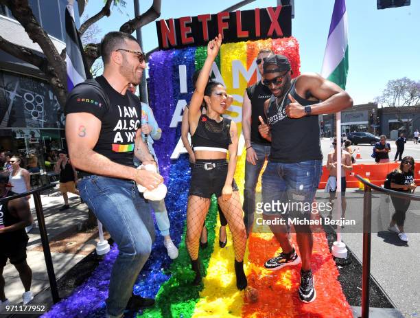 Miguel Angel Silvestre, Freema Agyeman, and Toby Onwumere are seen on the Netflix original series "Sense8" float at the Los Angeles Pride Parade on...