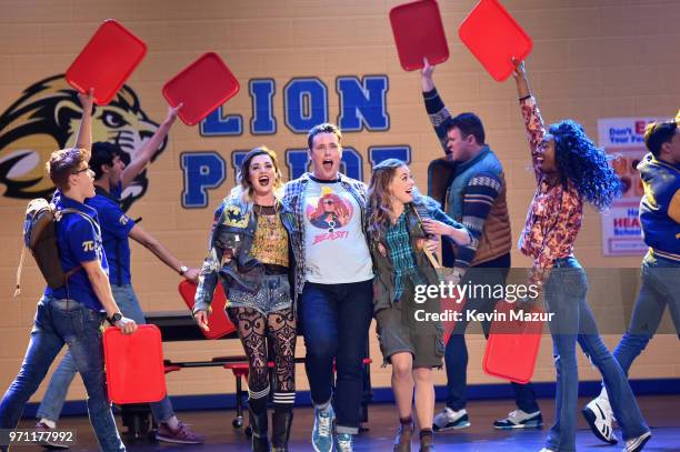 Barrett Wilbert Weed, Grey Henson, Erika Henningsen, and the cast of Mean Girls perform onstage during the 72nd Annual Tony Awards at Radio City...