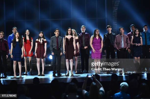 Marjory Stoneman Douglas High School drama students perform onstage during the 72nd Annual Tony Awards at Radio City Music Hall on June 10, 2018 in...