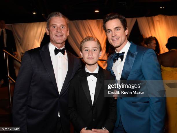 Simon Halls, Kit Halls and Matt Bomer pose backstage during the 72nd Annual Tony Awards at Radio City Music Hall on June 10, 2018 in New York City.