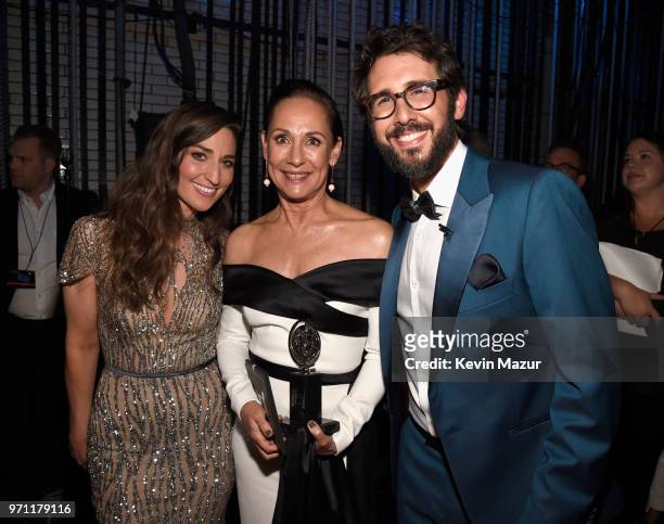 Sara Bareilles, Laurie Metcalf, and Josh Groban pose backstage during the 72nd Annual Tony Awards at Radio City Music Hall on June 10, 2018 in New...