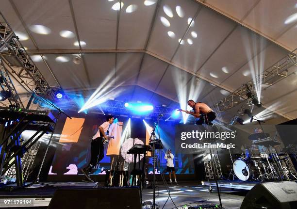 Jason Suwito, Hayden Coplen and Landon Jacobs of Sir Sly perform onstage at This Tent during day 4 of the 2018 Bonnaroo Arts And Music Festival on...