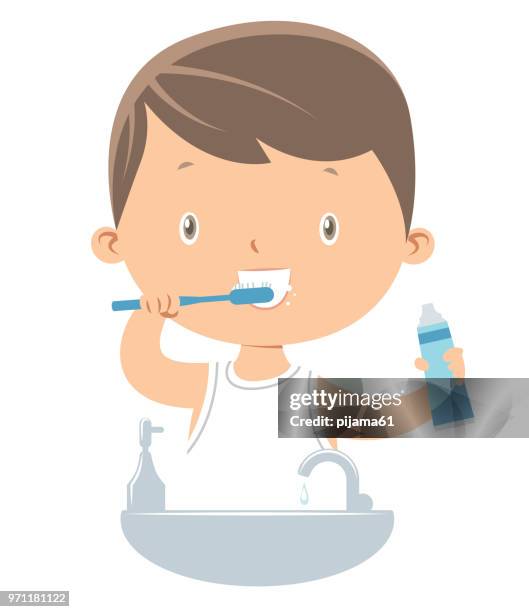 little boy brushing teeth - toothbrush white background stock illustrations