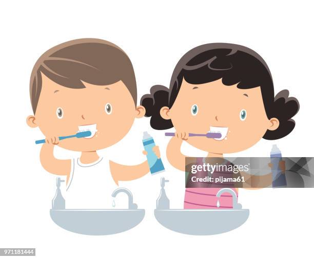 ilustrações de stock, clip art, desenhos animados e ícones de little boy and girl brushing teeth - higiene dental