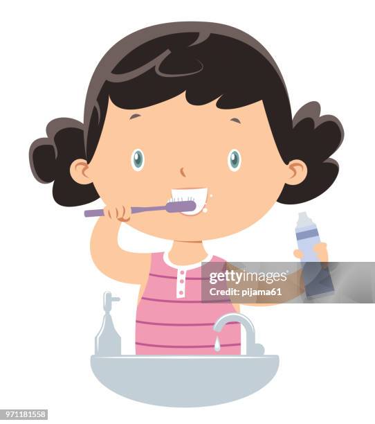 little girl brushing teeth - brushing teeth stock illustrations