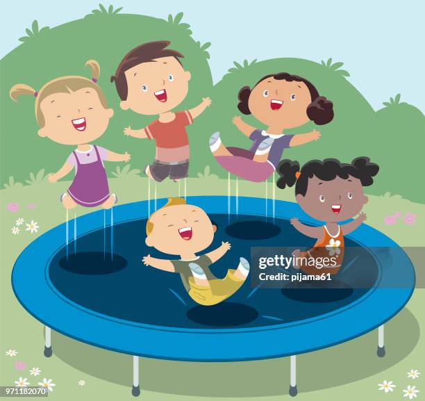 kids jumping on trampoline - trampoline jump stock illustrations