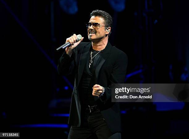 George Michael performs on stage on the Sydney Football Stadium on February 26, 2010 in Sydney, Australia.