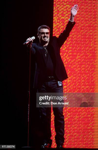 George Michael performs on stage on the Sydney Football Stadium on February 26, 2010 in Sydney, Australia.