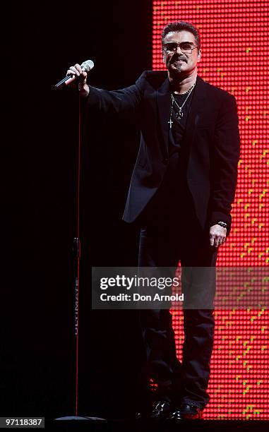 George Michael performs on stage on the Sydney Football Stadium on February 26, 2010 in Sydney, Australia.