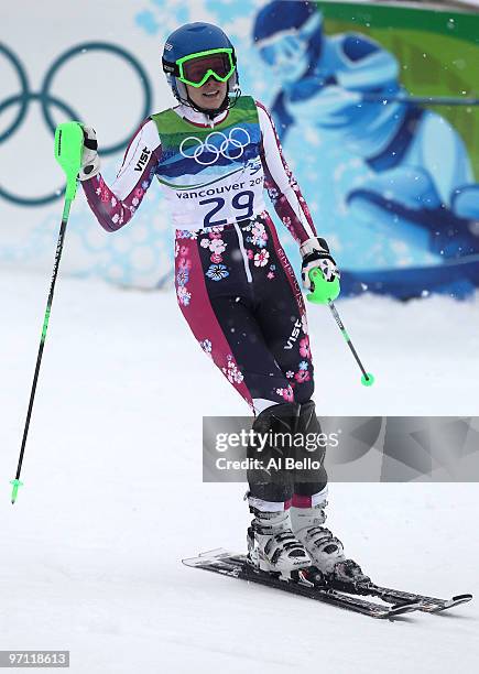 Veronika Zuzulova of Slovakia reacts after crossing the finish line during the Ladies Slalom second run on day 15 of the Vancouver 2010 Winter...