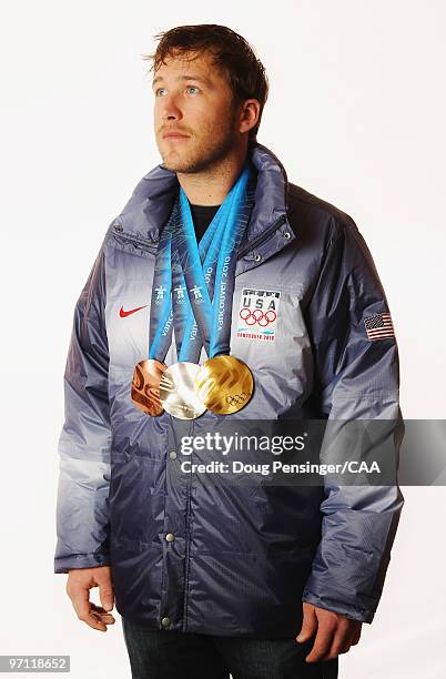 United States alpine skier Bode Miller poses for a photo with his medals won during the 2010 Vancouver Winter Olympic Games on February 26, 2010 in...