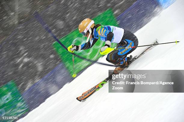 Maria Pietilae-Holmner of Sweden during the Women's Alpine Skiing Slalom on Day 15 of the 2010 Vancouver Winter Olympic Games on February 26, 2010 in...