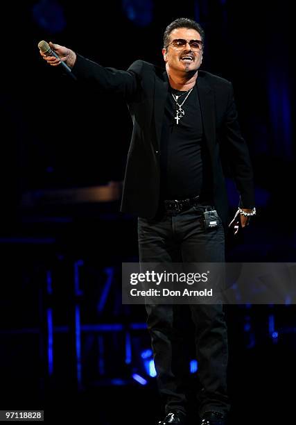 George Michael performs on stage on the Sydney Football Stadium on February 26, 2010 in Sydney, Australia.