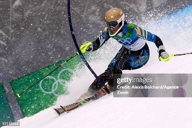 Maria Pietilae-Holmner of Sweden during the Women's Alpine Skiing Slalom on Day 15 of the 2010 Vancouver Winter Olympic Games on February 26, 2010 in...