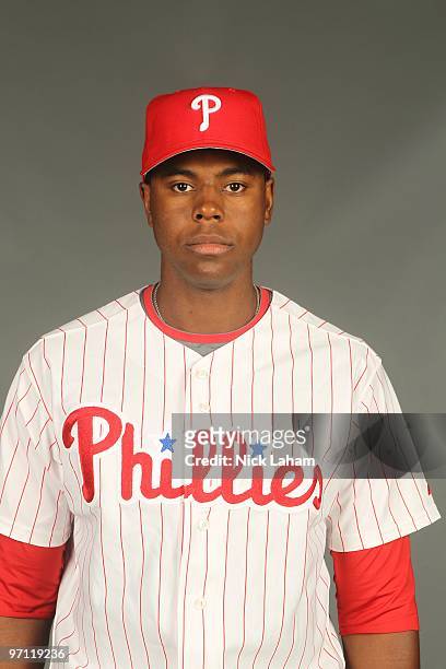 John Mayberry Jr. #40 of the Philadelphia Phillies poses for a photo during Spring Training Media Photo Day at Bright House Networks Field on...