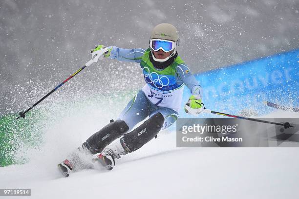 Maya Harrisson of Brazil competes during the Ladies Slalom second run on day 15 of the Vancouver 2010 Winter Olympics at Whistler Creekside on...