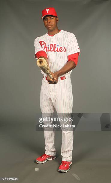 John Mayberry Jr. #40 of the Philadelphia Phillies poses for a photo during Spring Training Media Photo Day at Bright House Networks Field on...