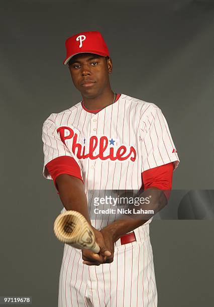 John Mayberry Jr. #40 of the Philadelphia Phillies poses for a photo during Spring Training Media Photo Day at Bright House Networks Field on...