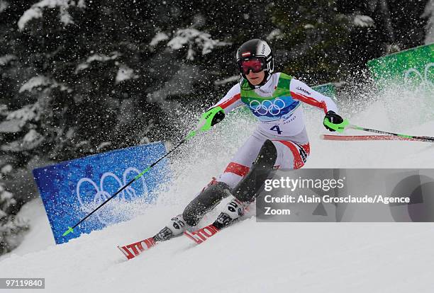 Kathrin Zettel of Austria during the Women's Alpine Skiing Slalom on Day 15 of the 2010 Vancouver Winter Olympic Games on February 26, 2010 in...