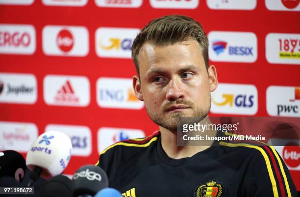 Simon MIGNOLET talks to the press after a training session of the Belgian national soccer team " Red Devils " at the Belgian National Football...