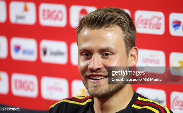 Simon MIGNOLET talks to the press after a training session of the Belgian national soccer team " Red Devils " at the Belgian National Football...