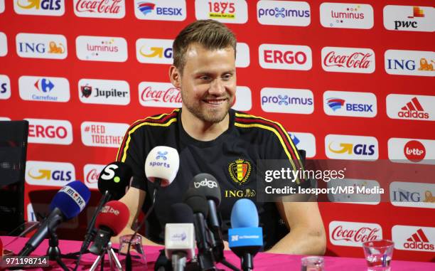 Simon MIGNOLET talks to the press after a training session of the Belgian national soccer team " Red Devils " at the Belgian National Football...