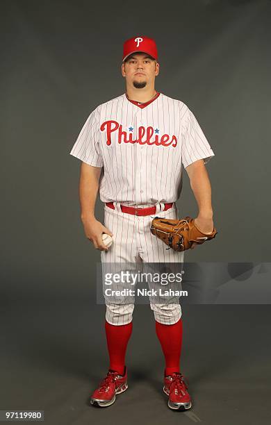 Joe Blanton of the Philadelphia Phillies poses for a photo during Spring Training Media Photo Day at Bright House Networks Field on February 24, 2010...