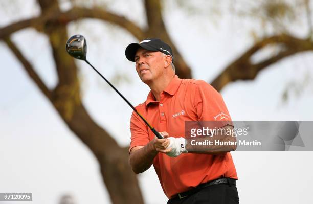 Tom Lehman hits his tee shot on the third hole during the second round of the Waste Management Phoenix Open at TPC Scottsdale on February 26, 2010 in...