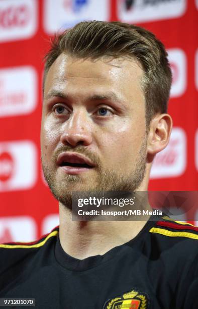 Simon MIGNOLET talks to the press after a training session of the Belgian national soccer team " Red Devils " at the Belgian National Football...