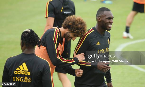 Marouane FELLAINI and Christian BENTEKE pictured during a training session of the Belgian national soccer team " Red Devils " at the Belgian National...