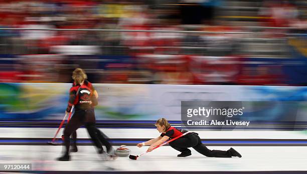 Cori Bartel of Canada releases a stone during the women's gold medal curling game between Canada and Sweden on day 15 of the Vancouver 2010 Winter...