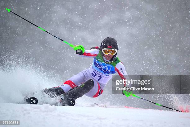 Elisabeth Goergl of Austria competes during the Ladies Slalom first run on day 15 of the Vancouver 2010 Winter Olympics at Whistler Creekside on...