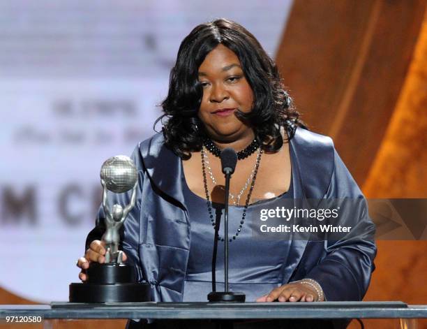 Writer Shonda Rhimes, winner Outstanding Writing in a Dramatic Series for "Grey's Anatomy," onstage during the 41st NAACP Image awards pre-tel show...